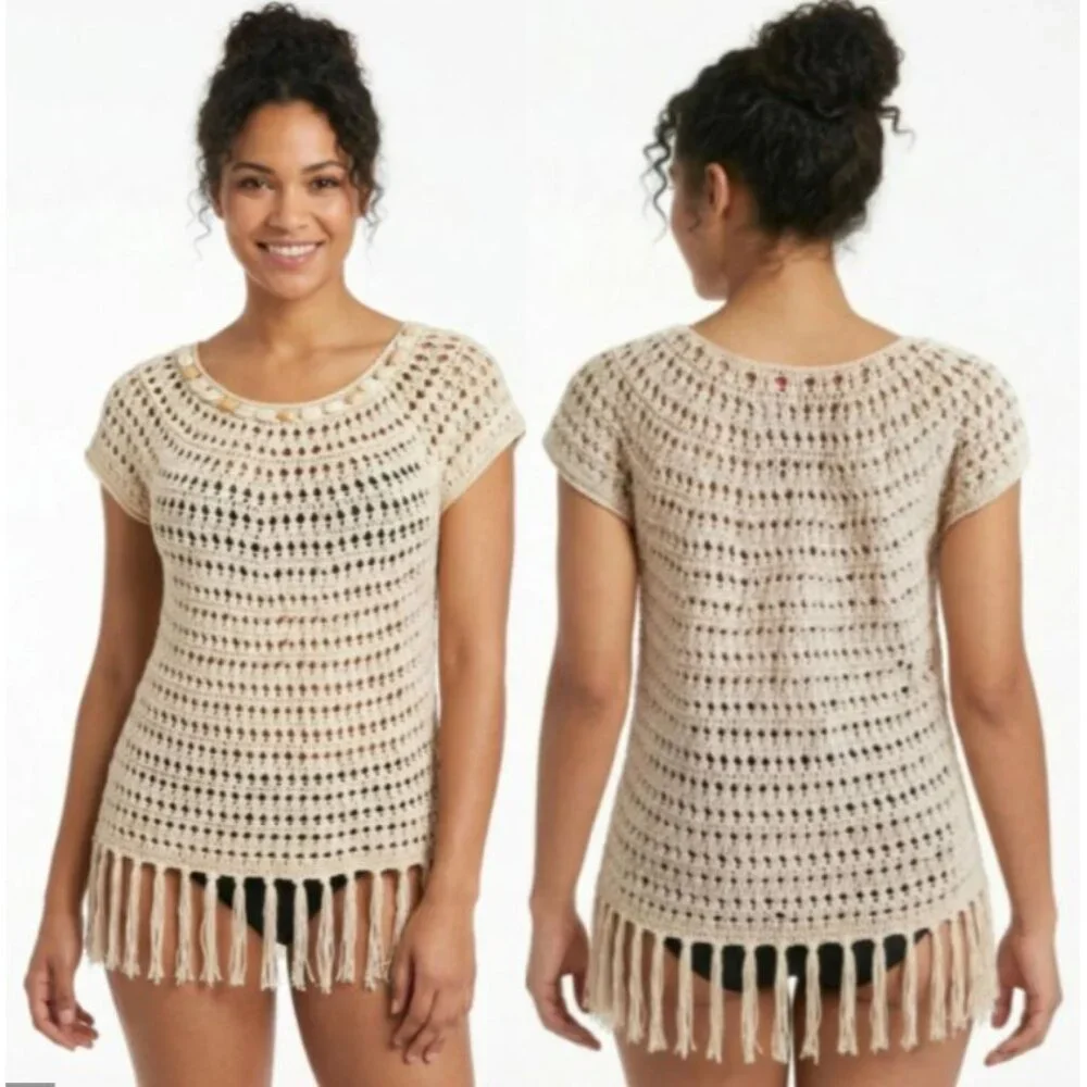 Ruby Rd. Women's Crochet Knit Fringe Tassel Hem Swim Cover-Up Top Size Medium